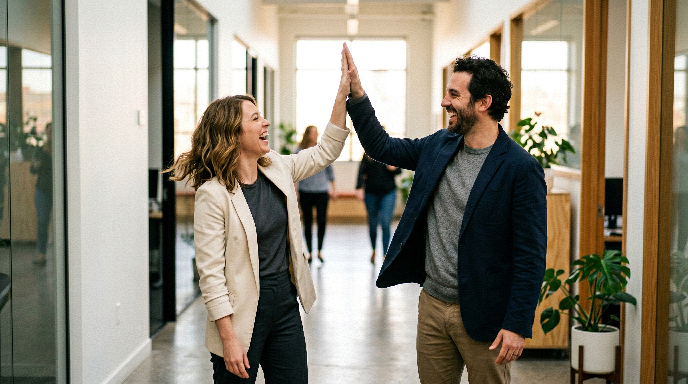 Colleagues celebrating with a spontaneous high-five in a sunlit corridor
